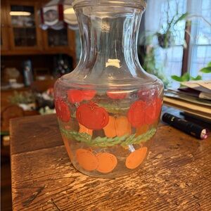 Anchor Hocking Vintage Glass Pitcher with Tomato and Orange Design